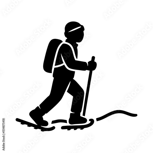 Snowshoeing icon with trekking pole and snow