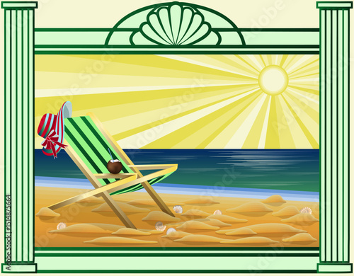 Summer card, Tropical  beach art deco style , vector illustration