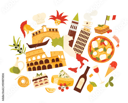 Travel to Italy, Italian culture and food, landmark in infographic collage. Country famous elements of tourism, flag pattern on map, Pisa and Colosseum, pizza and olive oil cartoon vector illustration
