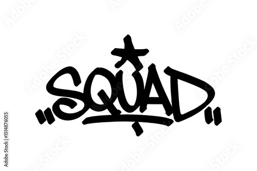 Graffiti tag “Squad” in bold black lettering on transparent background. Represents team spirit and unity in urban basketball culture, perfect for street art and hip hop designs.