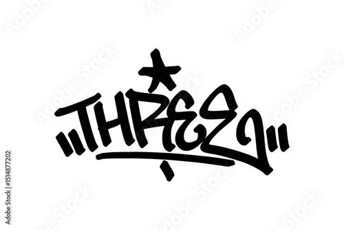 Graffiti tag “Three” in bold black lettering on transparent background. Urban basketball expression representing 3-point shots. Great for sports visuals, streetwear, and hip hop-inspired designs.