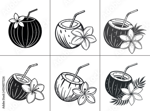Black and white illustrations of refreshing coconut drinks with straws and tropical flowers, perfect for summer, beach, and vacation themes.