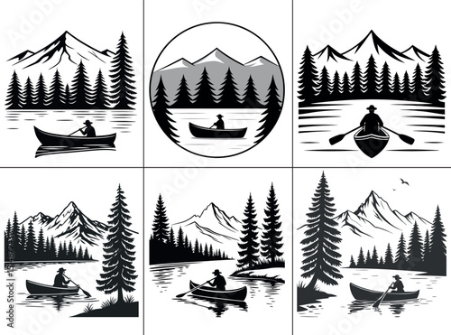 Vintage-style outdoor adventure logos featuring a person canoeing on a lake with mountains and pine trees.