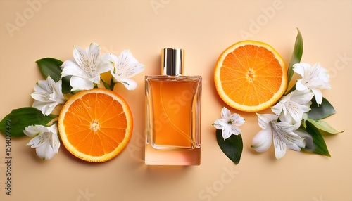 orange perfume bottle with orange slices and white flowers on a beige background composing a summery flat lay