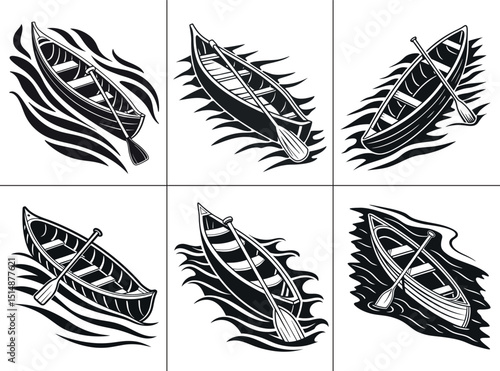 Dynamic black and white canoe designs with oars, set in various water ripple patterns, are ideal for water sports and outdoor themes.