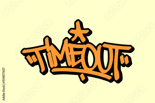 Graffiti tag “Timeout” in bold orange font with black outline on yellow background. Vibrant basketball theme, ideal for creative street art, athletic designs, and energetic sports visuals.