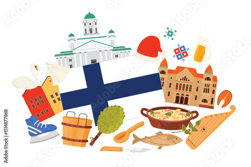 Travel to Finland set, elements of culture and traditional ornament, food and landmarks in infographic collage banner. Finnish flag and buildings, salmon and swan, spa sauna items vector illustration