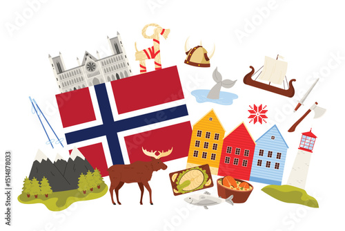 Travel to Norway set, elements of traditional culture and fjord waters with salmon, food and landmarks in infographic collage banner. Norwegian flag and Bergen houses, viking ship vector illustration