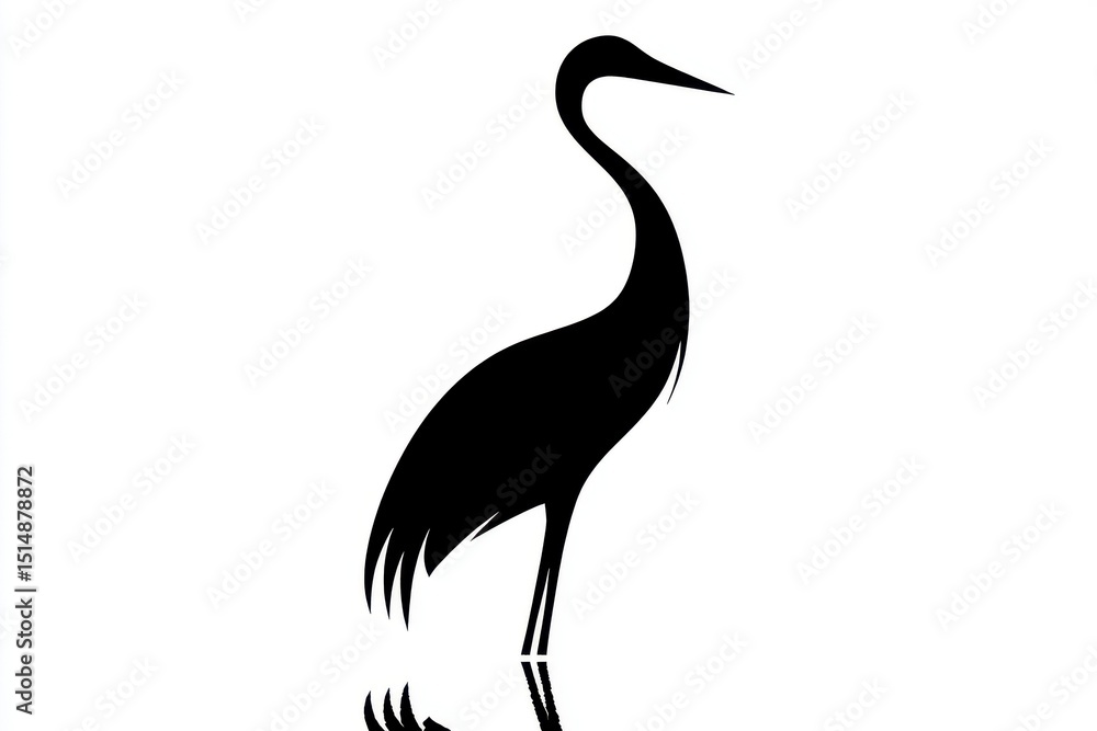 Fototapeta premium Elegant Silhouette of a Crane Bird Standing Gracefully with Reflection on a Minimalist White Background