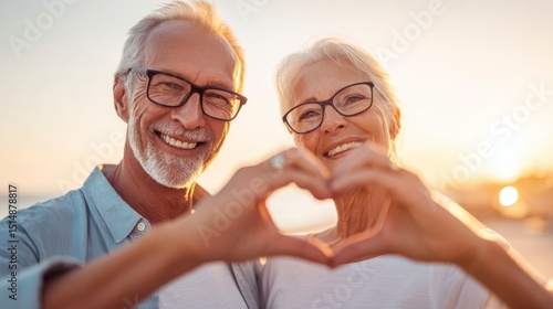 Wallpaper Mural Elderly Couple Smiling and Making Heart Shape with Hands at Sunset Beach Torontodigital.ca