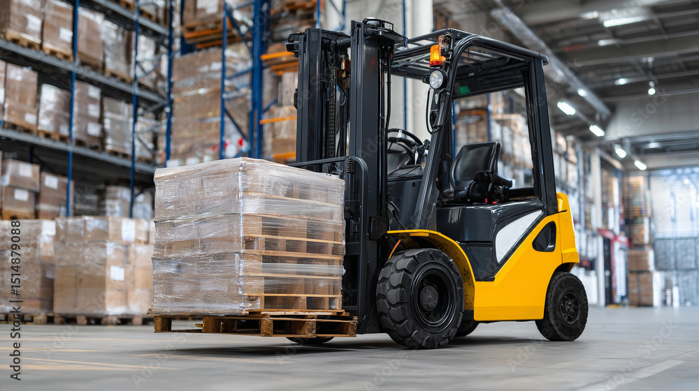 Loader forklift stacking pallets high with bulk paper goods in a supermarketâs warehouse storage area Loader forklift stacking pallets high with bulk paper goods in a supermarketâs warehouse storage area