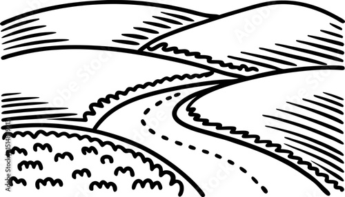 Curving rural road winding through hilly countryside with fields and hills under clear open sky, scenic landscape illustration