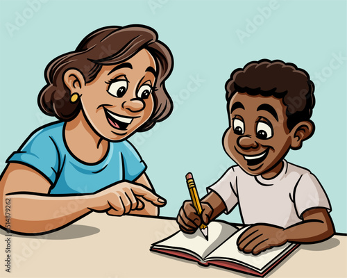Cartoon Mother or Teacher Helping Son with Homework at Table Vector