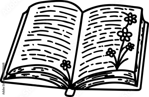 Open illustrated book with blooming flowers pages with floral ornament, creativity, literature, imagination concept