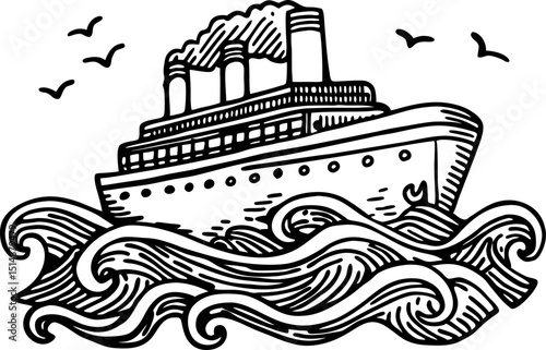 Large ocean liner with smokestacks sailing on waves vintage ship illustration, maritime transport concept