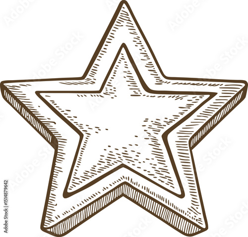 Hand drawn vintage star illustration etched five point shape, rustic decorative outline with detailed sketch lines