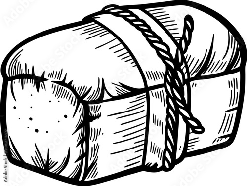 Wrapped loaf bread in rustic packaging with rope hand drawn vintage sketch of homemade bakery artisan food