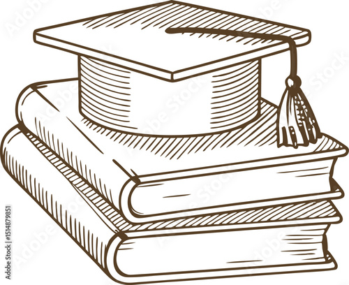 Graduation cap on stacked books education achievement, academic success, knowledge, learning concept illustration