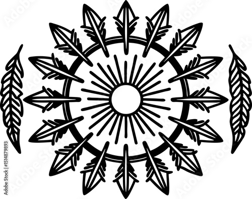 Hand drawn tribal sunburst with circular feather pattern, boho ethnic mandala design, geometric abstract art