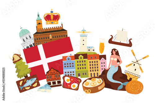Travel to Denmark, national culture and food, landmark in infographic collage. Danish country famous elements for tourists, flag and mermaid, colorful houses of Copenhagen cartoon vector illustration
