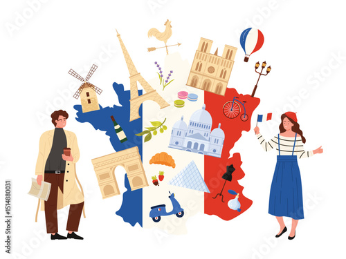Travel to France, infographic map presentation with Frenchman and cute woman with French flag and beret, elements of culture and landmarks of Paris, macaron and croissant cartoon vector illustration