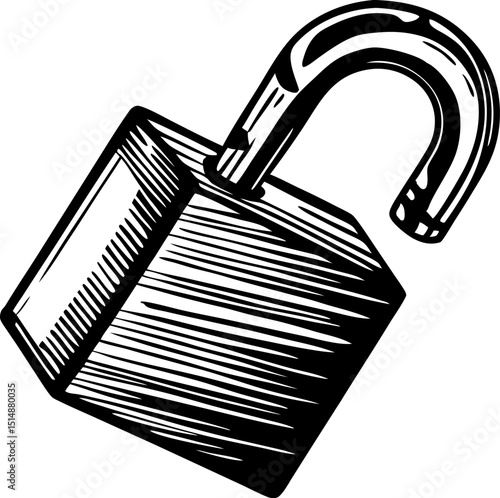 Open padlock illustration hand drawn sketch security symbol, unlocked access, safety concept, black and white