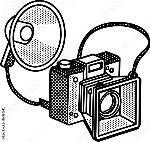 Vintage camera with flash retro equipment, black and white illustration, classic technology icon