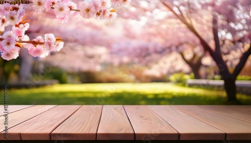 empty wooden table in sakura flower park with garden bokeh background country outdoor theme mock up for product display wooden table in front of the spring blossom tree landscape product display an