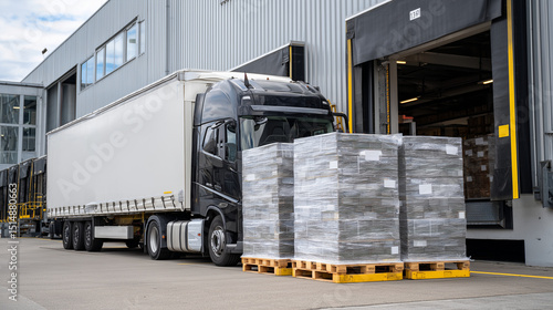 Industrial shipping zone with several shrink-wrapped pallets being loaded onto a freight truck docked at an open bay door