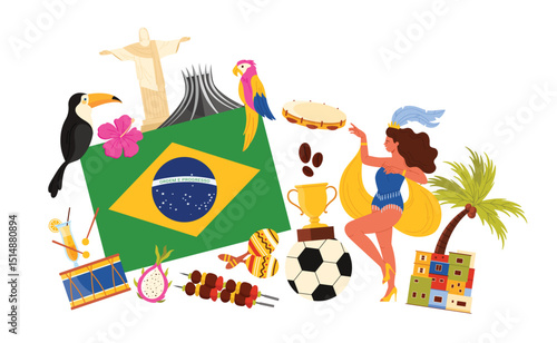 Travel to Brazil set, elements of culture and architecture, traditional carnival and tropical animals in infographic collage. Brazilian flag and and coffee, samba dance cartoon vector illustration