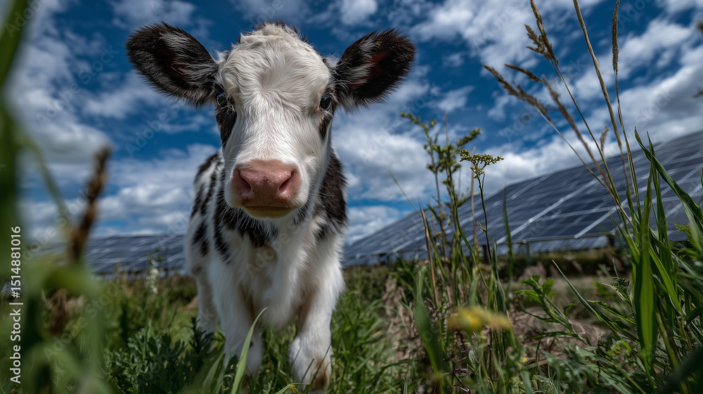 Obraz premium Close-up of a curious dairy cow looking toward the camera, vivid green field underfoot, high-efficiency solar panels stretching into the horizon behind it