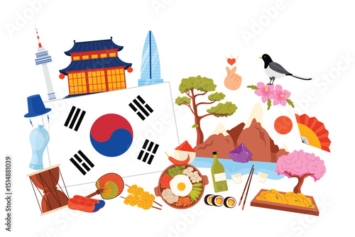 South Korea culture elements, tourist attractions and food in infographic poster collage. Liancourt Rocks landscape and Gyeongbokgung palace, bibimbap, finger heart cartoon vector illustration