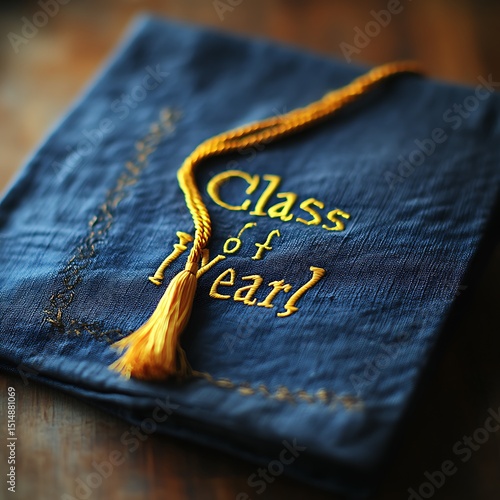 Graduation keepsake, navy blue fabric cover with gold tassel and embroidery