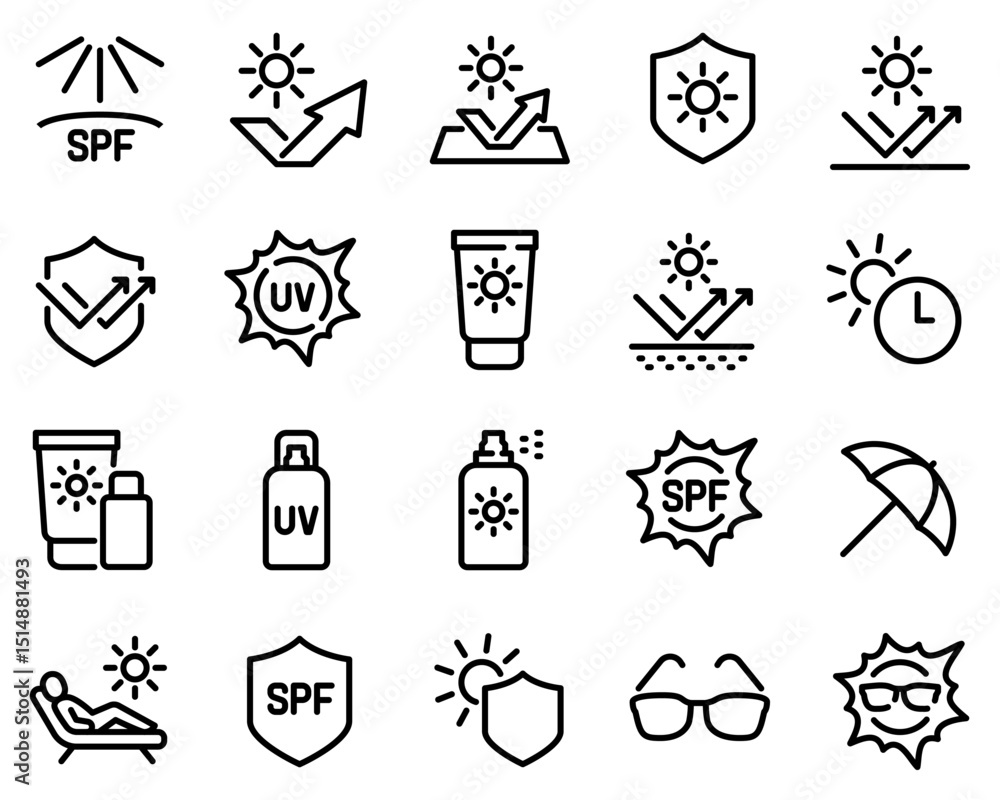 Naklejka premium Simple Set of Sun Protection Related Vector Line Icons. Contains such Icons as Sunscreen, Sunglasses, UV rays exposure time and more.