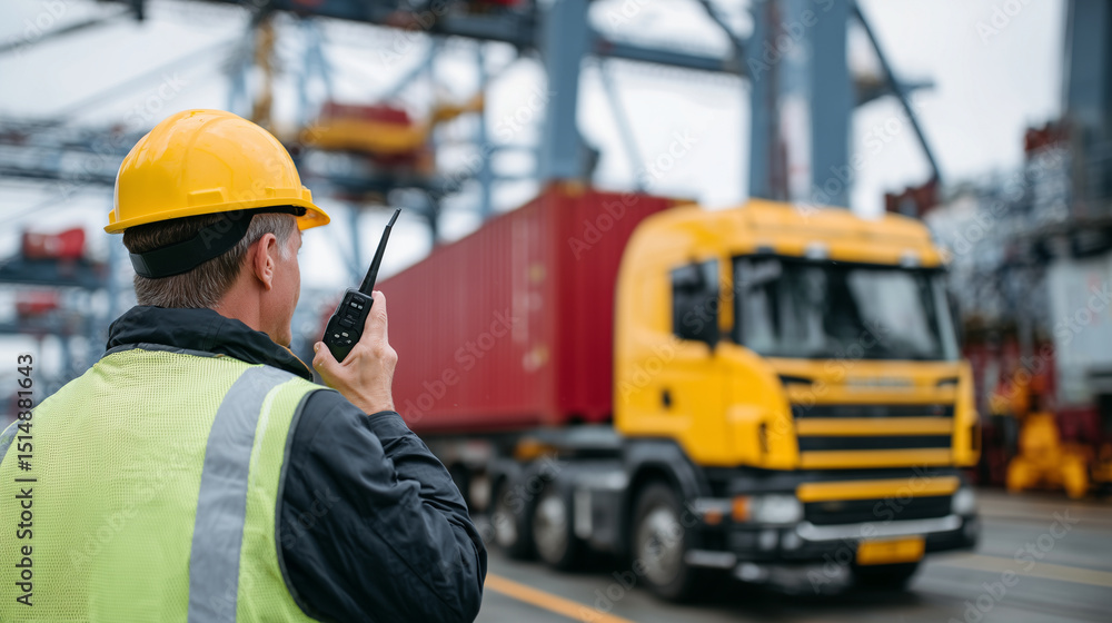 Close-up of a safety-vested foreman speaking into a walkie-talkie while behind him, a yellow truck is being loaded with a red container under the mechanical arms of towering port c Close-up of a safety-vested foreman speaking into a walkie-talkie while behind him, a yellow truck is being loaded with a red container under the mechanical arms of towering port c
