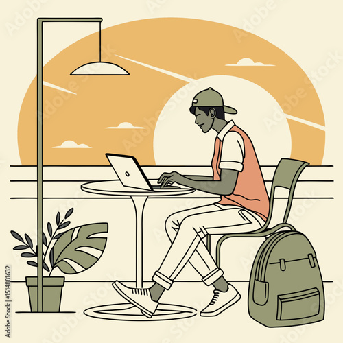 Student working on laptop outdoors: A young man sits at a cafe table, working diligently on his laptop, enjoying the warm evening light. He is dressed casually in a cap, vest, and jeans.