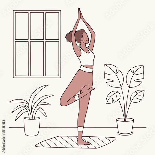 Tranquil Tree Pose: A woman embodies serenity as she gracefully holds the tree pose, finding inner peace and balance in a tranquil home sanctuary. The scene whispers of mindfulness and self-care.