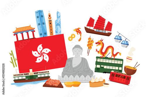 Hong Kong landmarks and culture elements, food in infographic collage banner. Hong Kong city big flag and dragon, ferry and tram, Buddha and gold coins, cake and Dim sum cartoon vector illustration