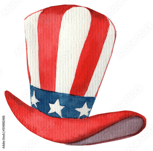 Watercolor illustration of a festive hat decorated in red, white, and blue, inspired by the American flag. Perfect for patriotic holidays and 4th of July celebrations.