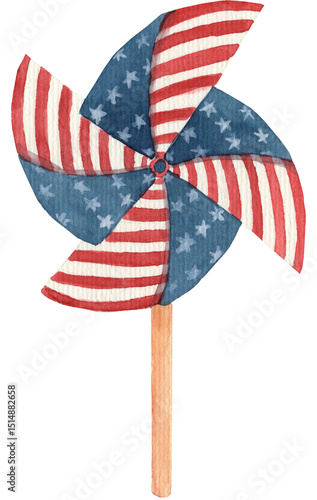 Watercolor illustration of a paper pinwheel in red, white, and blue colors inspired by the American flag. Perfect for patriotic decorations, summer parties, and festive designs.