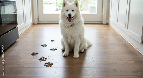 White samoyed dog sitting beside muddy paw prints on wooden floor. Concept of pet messes and cleanup solutions for home cleaning services and floor protection products