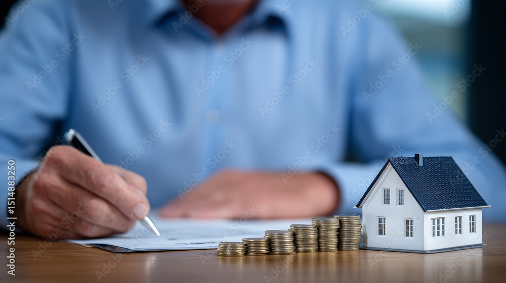 Fototapeta premium Side view of a business desk with a homeowner holding pen over signature line, advisor guiding the process, while a house model and coin stacks create a symbolic balance of home an