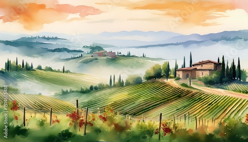 misty morning in tuscan countryside gentle watercolor painting of vineyards and farmhouses