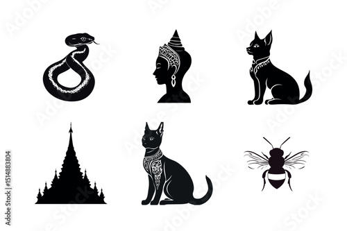 Six black silhouettes of asian and egyptian symbols