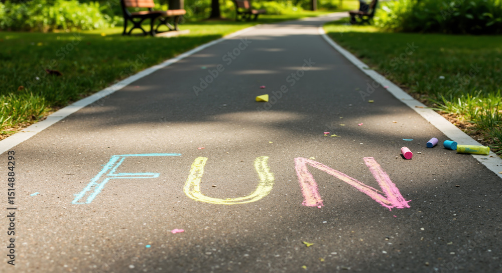 Obraz premium Colorful sidewalk chalk letters spelling FUN on asphalt park path with chalk pieces scattered nearby. Summer outdoor activity for children's play and recreational events