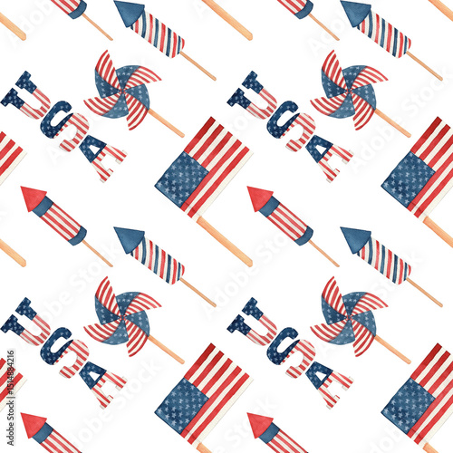 Seamless watercolor pattern featuring flags, pinwheels, and the letters 