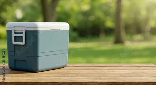 Fototapeta Naklejka Na Ścianę i Meble -  Light blue cooler box on wooden picnic table with blurred green park background. Portable food storage container for outdoor summer gatherings and barbecue parties