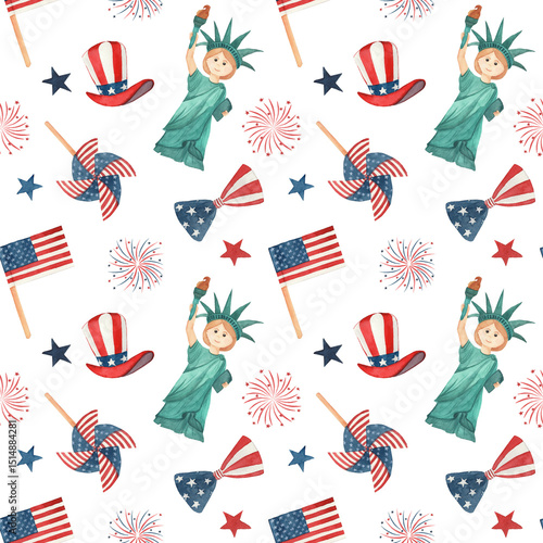 Seamless watercolor pattern with patriotic symbols like flags, stars, fireworks in red, white, and blue. Perfect for 4th of July decorations, wrapping paper, and festive designs.