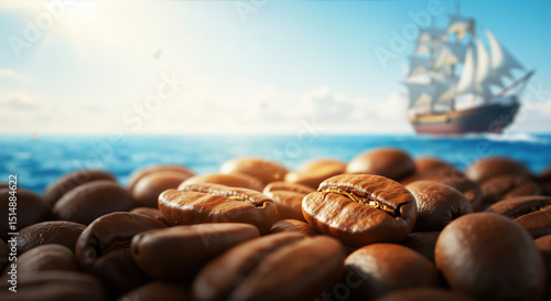 Coffee beans in foreground with sailing ship on ocean horizon. Journey of coffee trade across seas for historical coffee narratives and import business storytelling