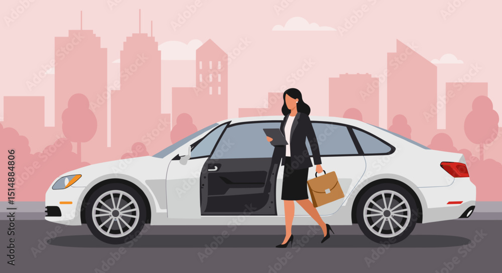 Businesswoman leaving white car in urban setting with smartphone Businesswoman leaving white car in urban setting with smartphone